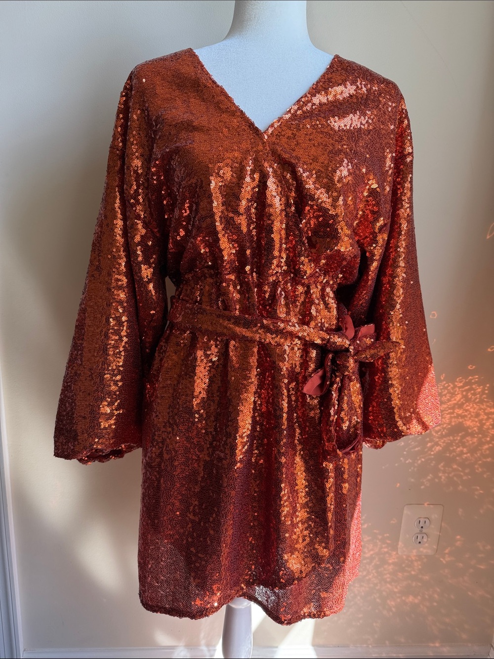 Anthropologie Copper Sequin Balloon Sleeve Belted Mini Dress Womens S New